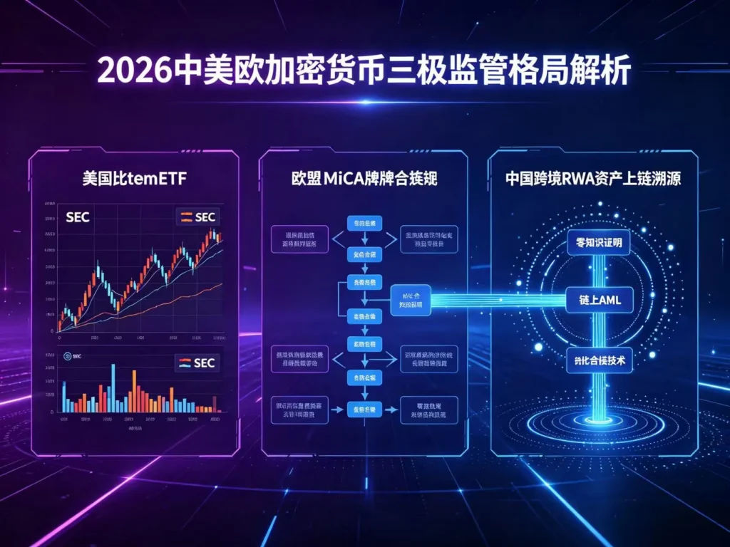 全球加密三极监管架构解析,比特币现货 ETF 上市、MiCA 全面落地、国内跨境 RWA 合规应用与区块链监管技术演进示意图