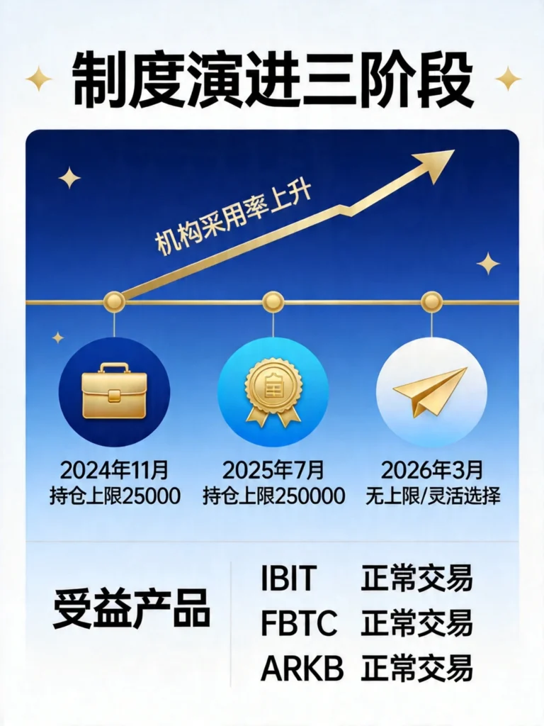 展示2024-2026年三阶段持仓限制从25000到无限制的制度演进时间线