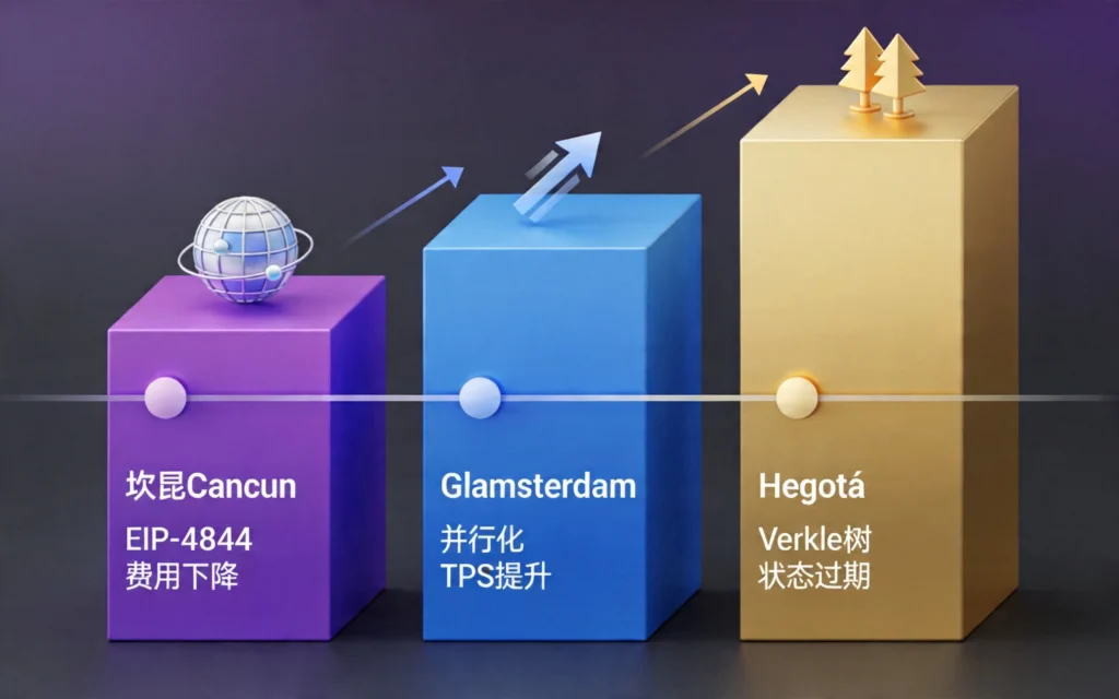 以太坊2026升级三阶路线图,坎昆Glamsterdam Hegotá阶梯递进演进