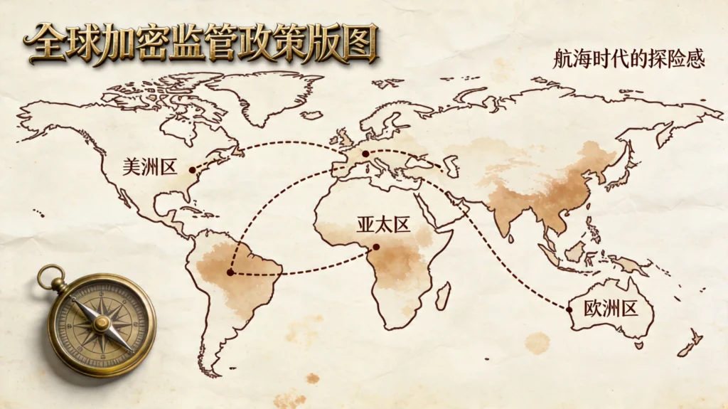 全球加密监管政策版图,复古地图风格展示各地区监管框架