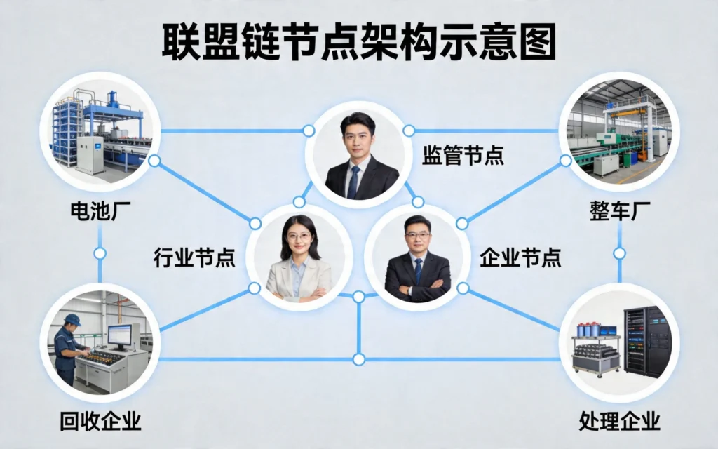 联盟链节点架构示意图,监管/行业/企业三类核心节点连接电池厂、整车厂、回收企业、处理企业四大产业节点