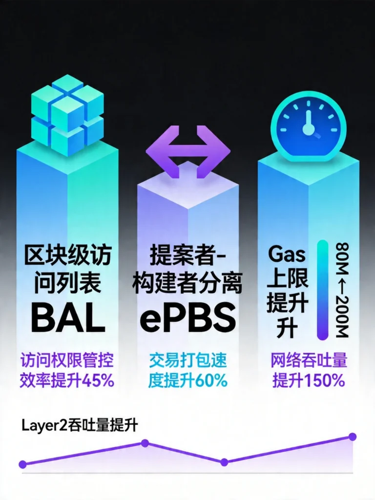 Glamsterdam三大技术改进图,区块级访问列表、ePBS、Gas上限8000万提升至2亿
