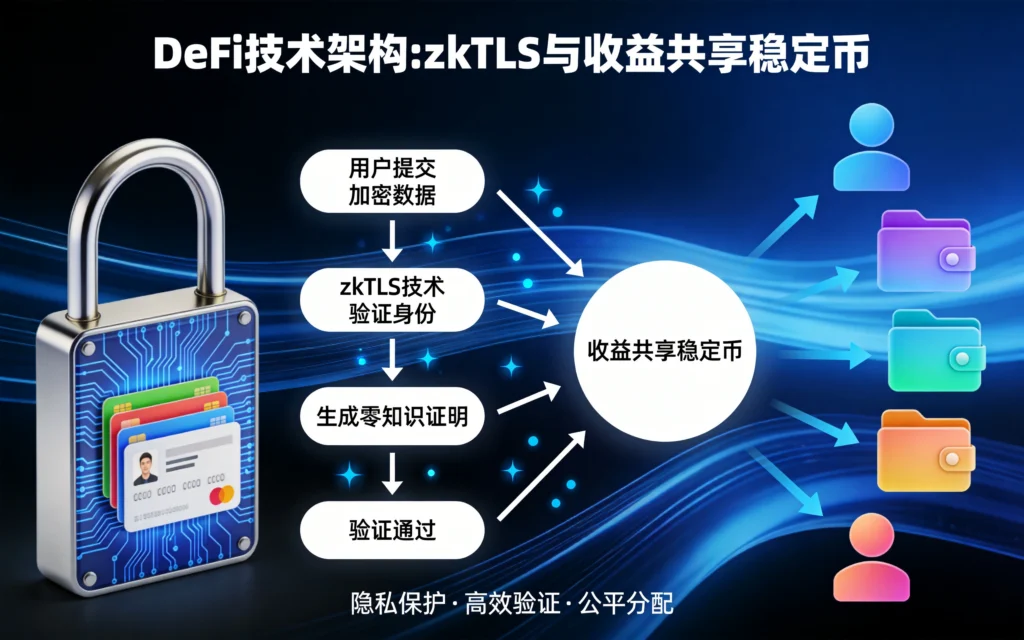 zkTLS技术与收益共享稳定币架构,深蓝科技可视化风格