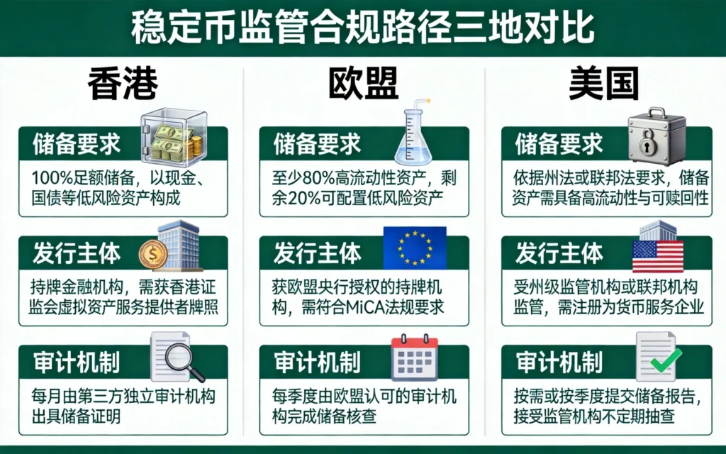 三地监管要求对比表,深绿白信息图表技术风格