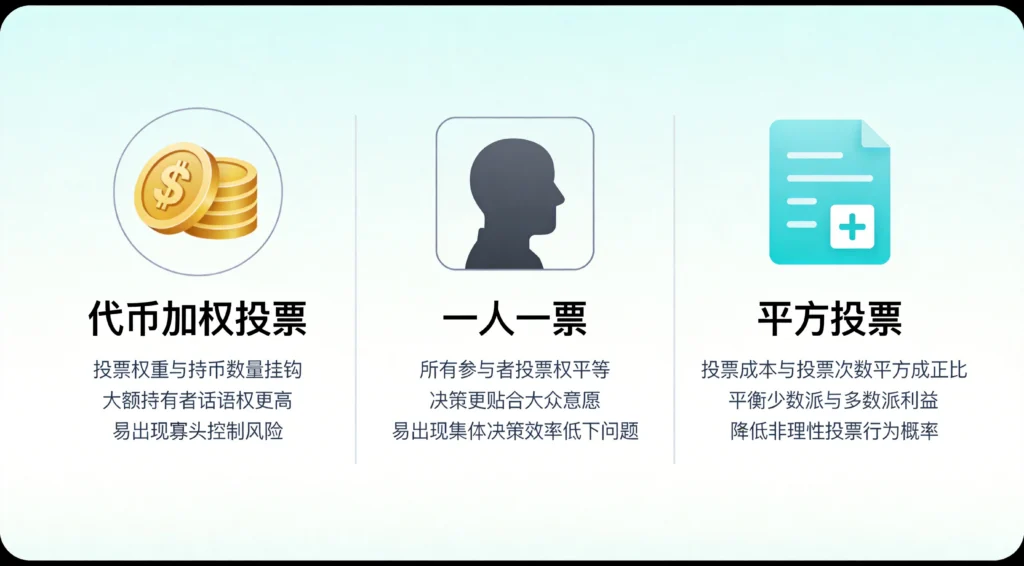 DAO治理投票机制对比图,展示代币加权、一人一票、平方投票三种模型