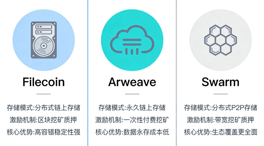 去中心化存储协议对比图,展示Filecoin、Arweave、Swarm三大协议特点