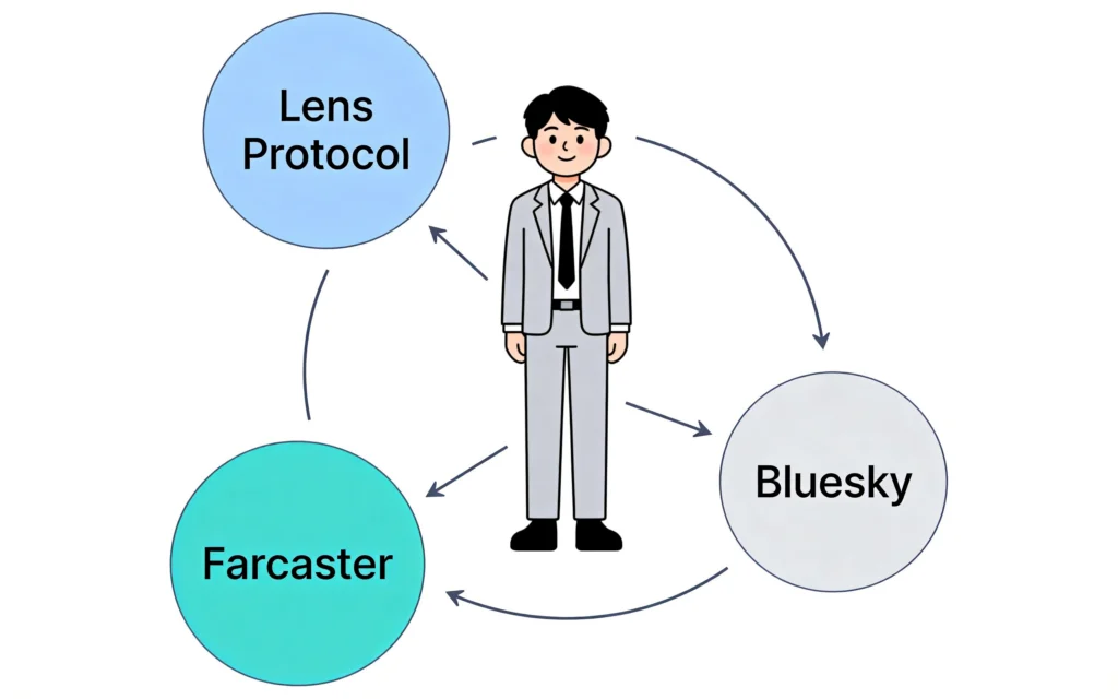 Web3社交协议生态架构图,展示Lens、Farcaster、Bluesky三大协议