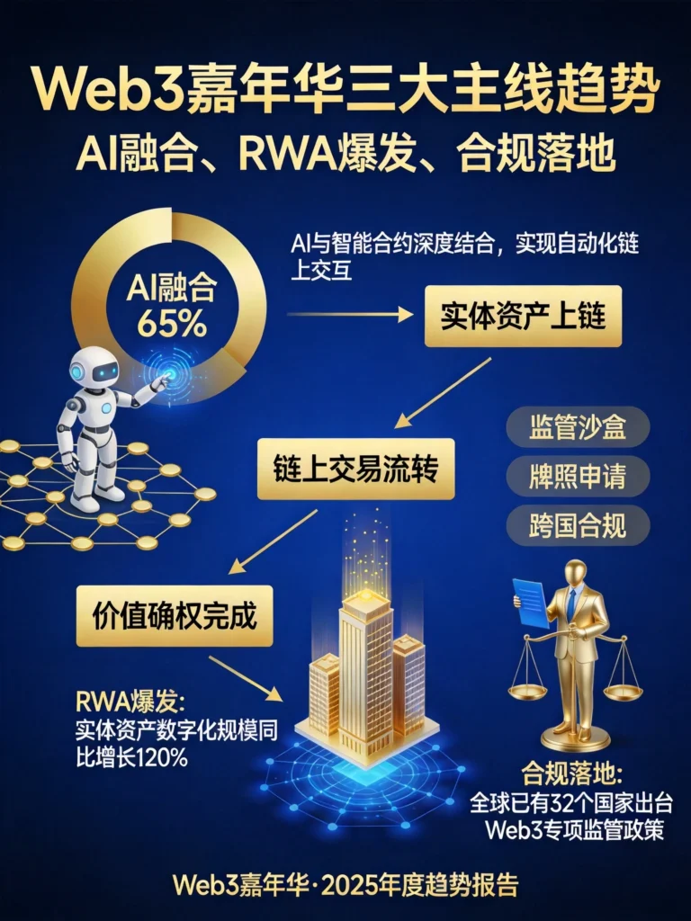 Web3嘉年华三大主线趋势图,可视化展示AI融合、RWA爆发、合规落地的关键进展