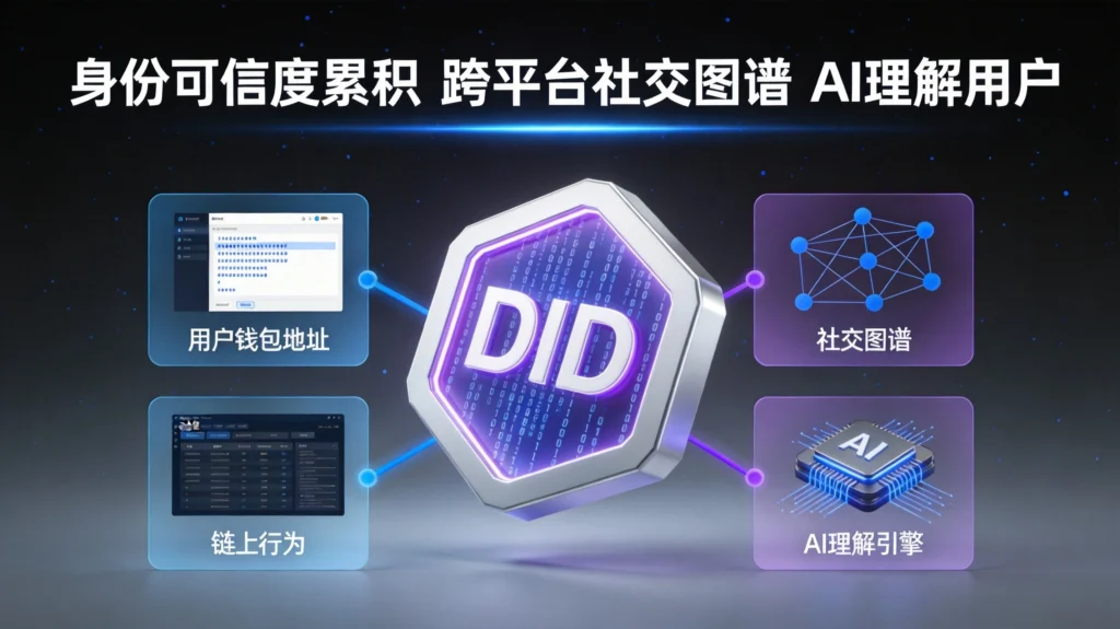 DID去中心化身份作为SocialFi新基建,身份可信度累积与AI理解用户架构图