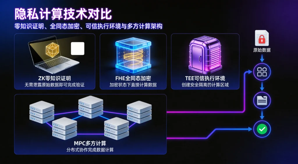 Web3隐私计算技术路线对比,零知识证明、全同态加密与可信执行环境架构图
