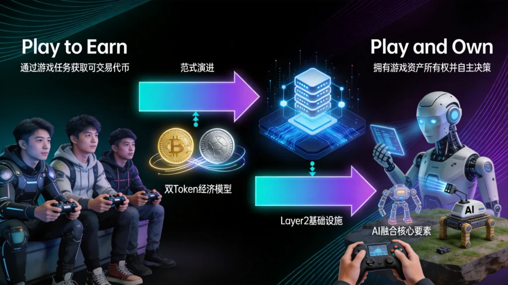 GameFi范式演进路径图,涵盖双Token经济模型与可持续生存策略转型