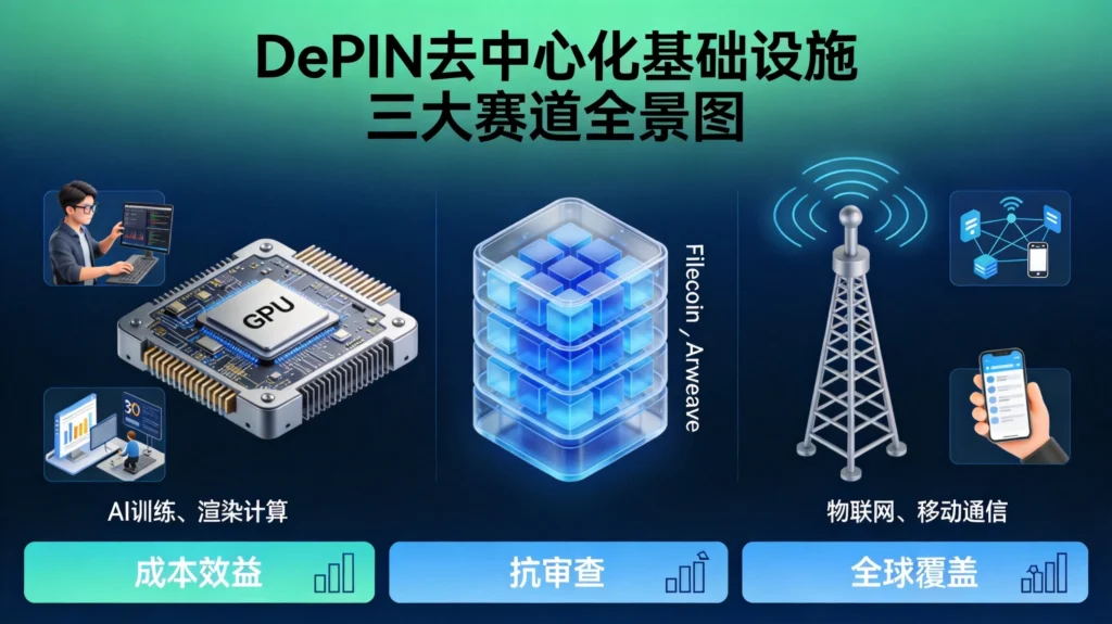 DePIN赛道全景生态图,算力网络、存储网络、通信网络三大核心赛道与应用场景分析