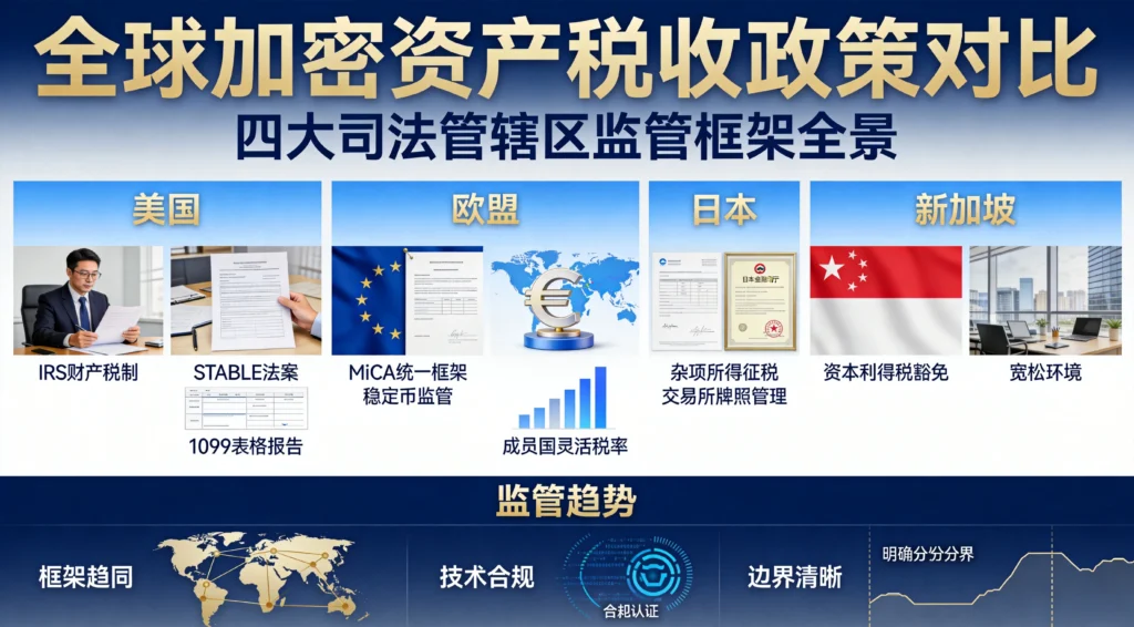 美国欧盟日本新加坡加密资产税收政策对比,展现全球监管框架趋同化趋势