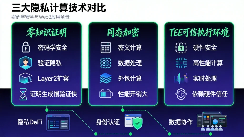 零知识证明、同态加密、可信执行环境三大隐私计算技术特性对比与Web3应用场景分析