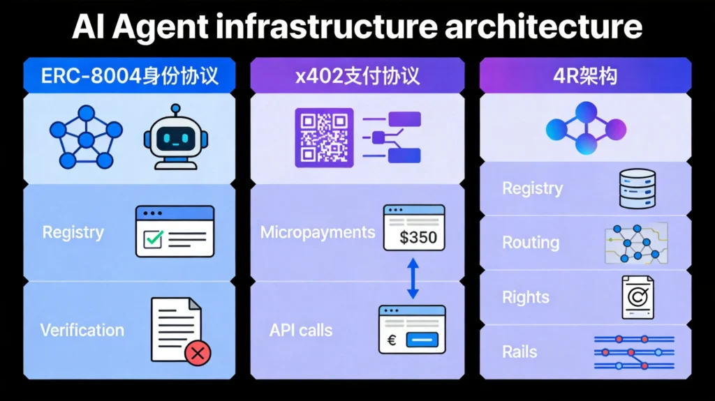 AI Agent基础设施架构图,呈现4R框架与身份支付协议的技术实现路径