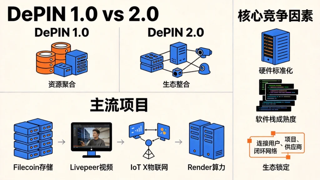 DePIN竞争格局图,呈现Filecoin、Livepeer、IoTeX等主流项目的生态布局对比