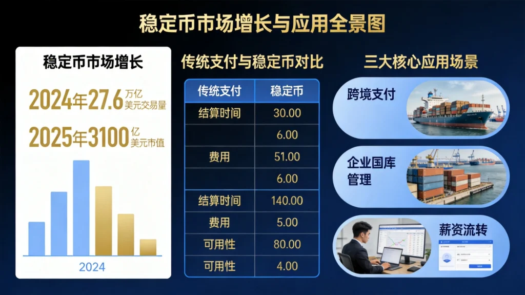 稳定币市场增长与应用图,呈现交易规模突破与传统支付体系对比分析