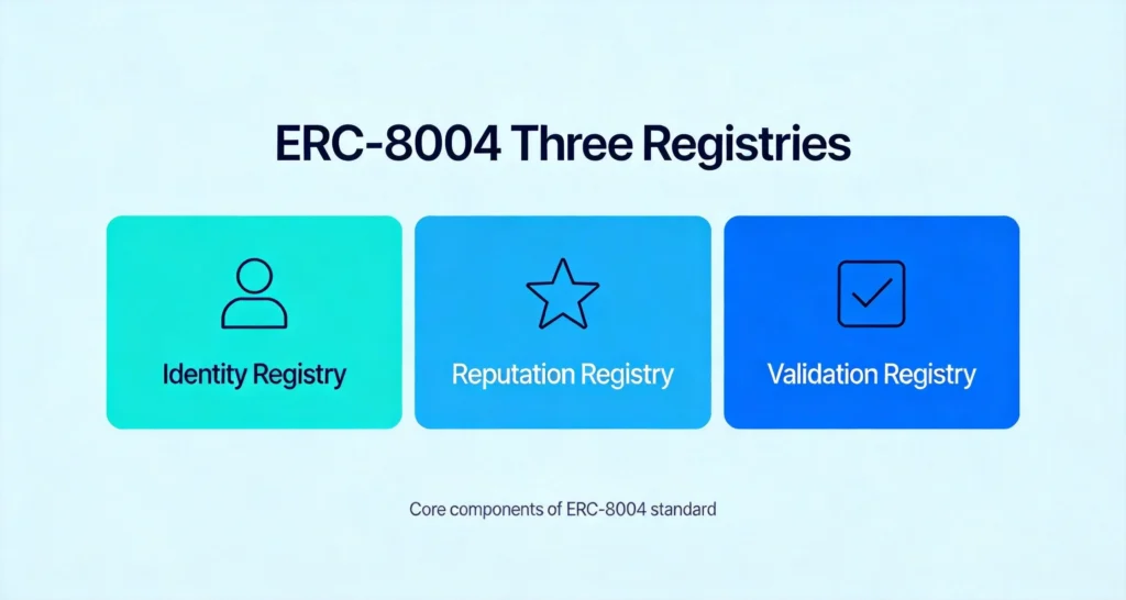 ERC-8004三大注册表信息图，链上身份与声誉及验证机制架构示意图