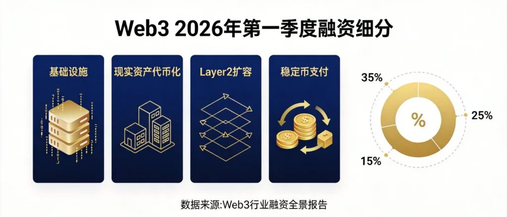 Web3融资分类信息图，RWA代币化与Layer2基础设施及稳定币投资分布示意图