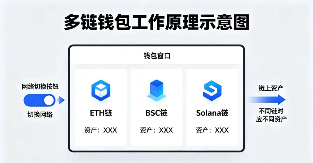 多链钱包工作原理,呈现钱包如同窗口,切换不同网络才能看到对应链上资产