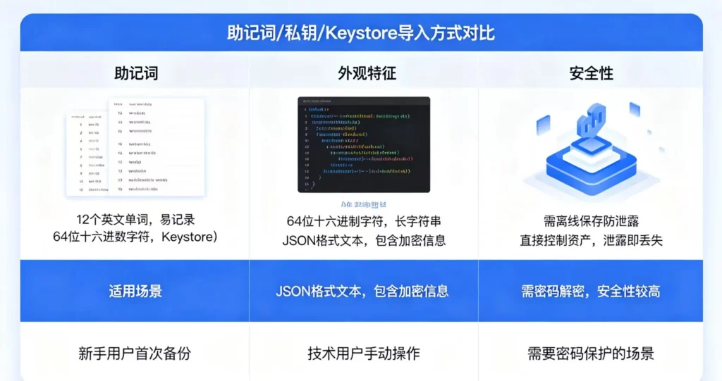 导入方式对比,展示助记词、私钥、Keystore 的外观、安全性和适用场景