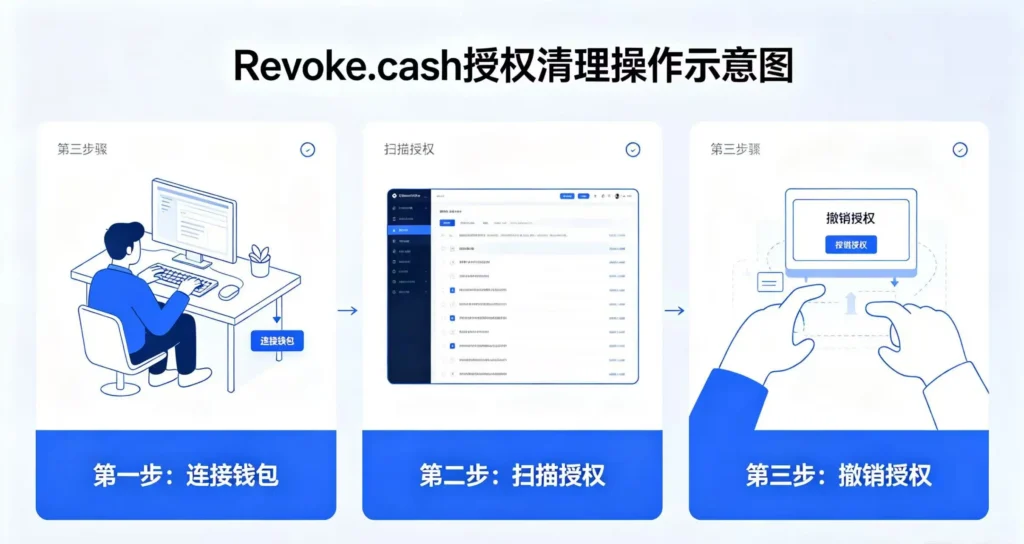 Revoke.cash 授权清理操作示意图,直观展示连接钱包、扫描授权、撤销授权的完整流程