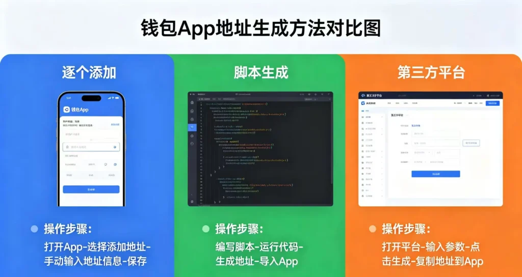 批量生成地址三种方法对比图,展示钱包 App 逐个添加、脚本生成、第三方平台三种方式。