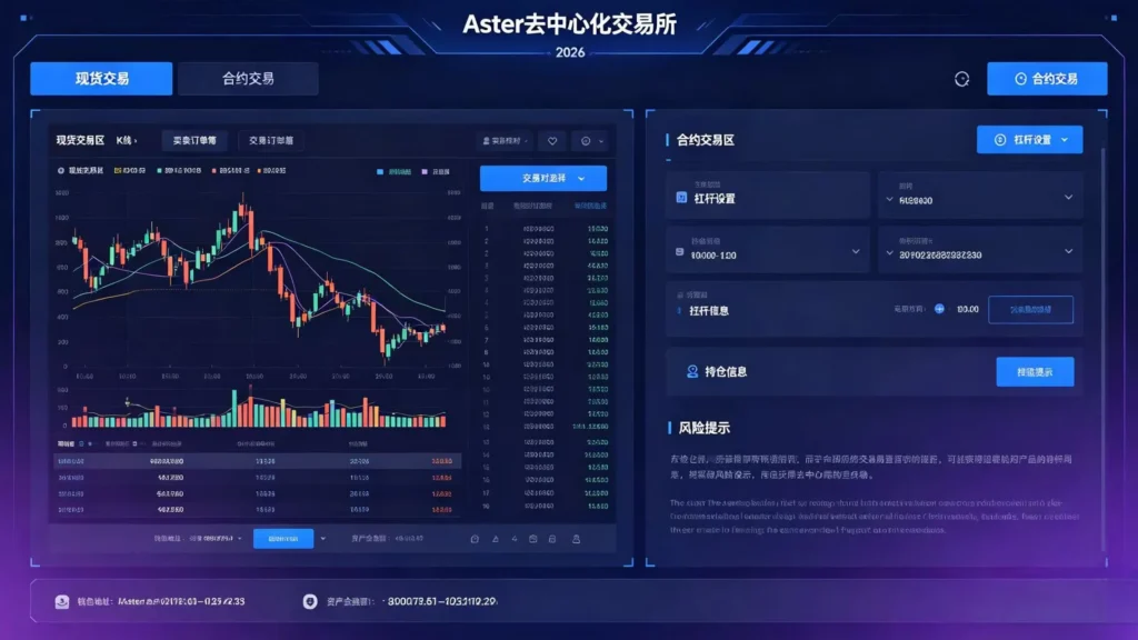 Aster DEX 交易界面，用户正在进行链上现货与永续合约交易