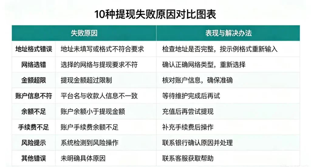 10 种提现失败原因,呈现地址格式错误、网络选错等不同提现失败原因的表现和解决办法