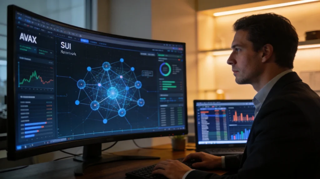 公链生态机构入场：分析师在曲面大屏前审阅AVAX与SUI网络数据
