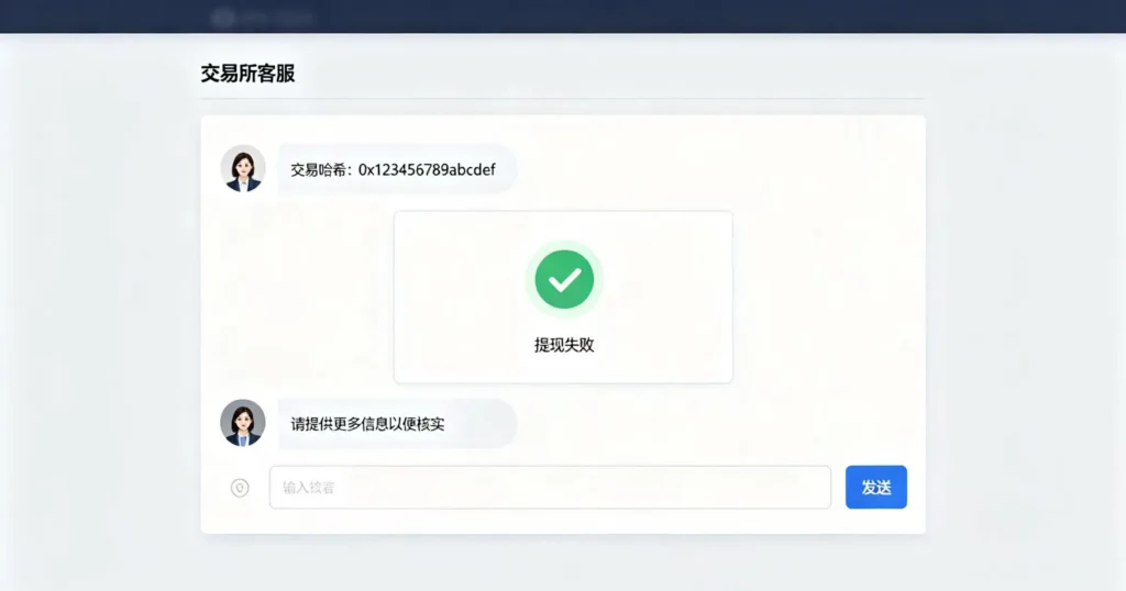 用户向交易所客服发送交易截图和哈希沟通提现失败退款