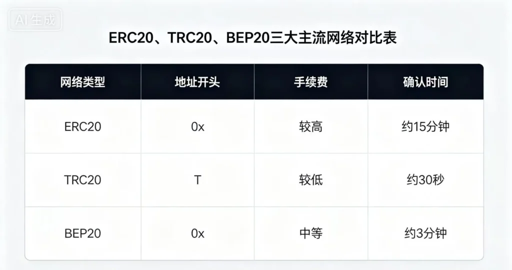 ERC20、TRC20、BEP20 三大网络对比,标注地址、手续费和确认时间