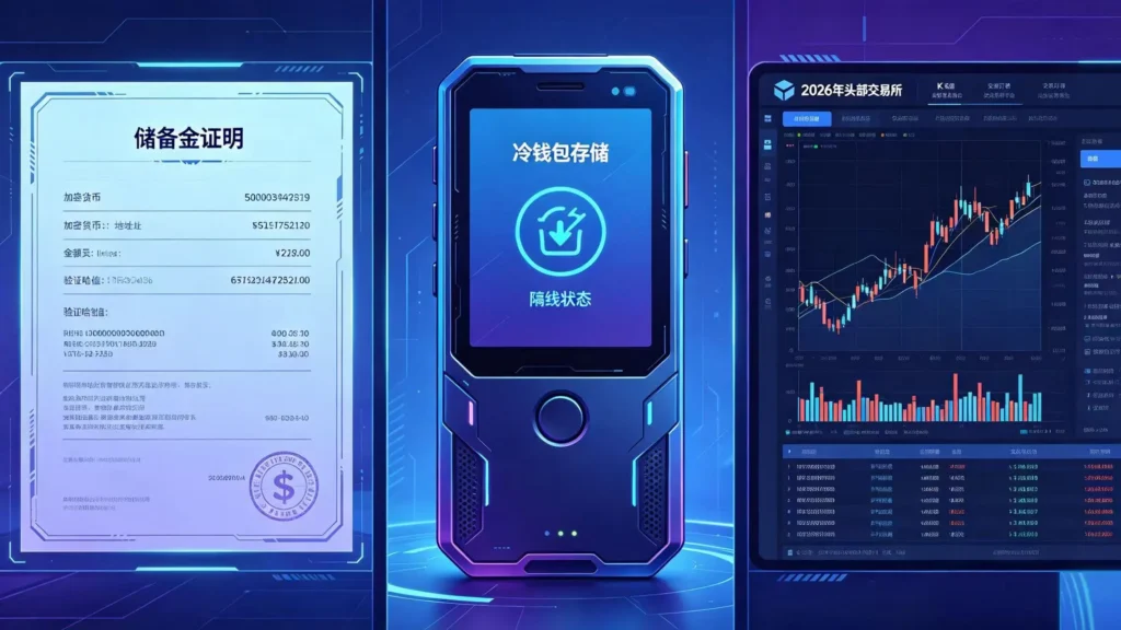 加密货币交易所安全指标示意图，展示储备金证明、冷存储与合规牌照