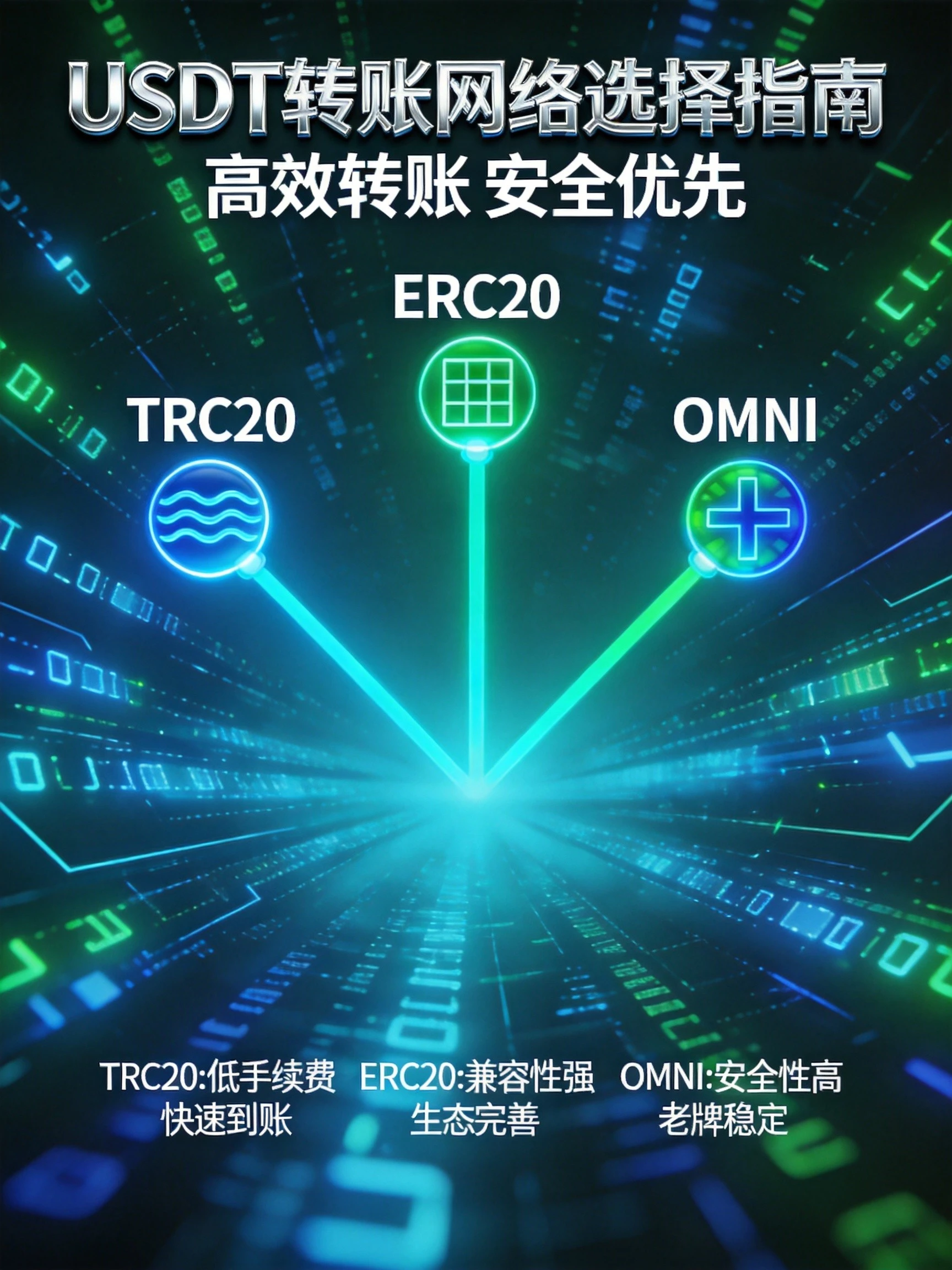 展示TRC20、ERC20、OMNI三种网络分支效果,背景区块链数据流