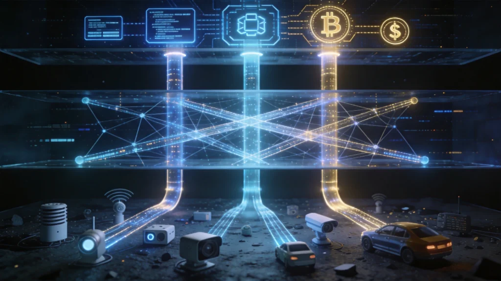 DePIN三重角色架构，从IoT数据产生到交叉验证再到链上结算的垂直数据流