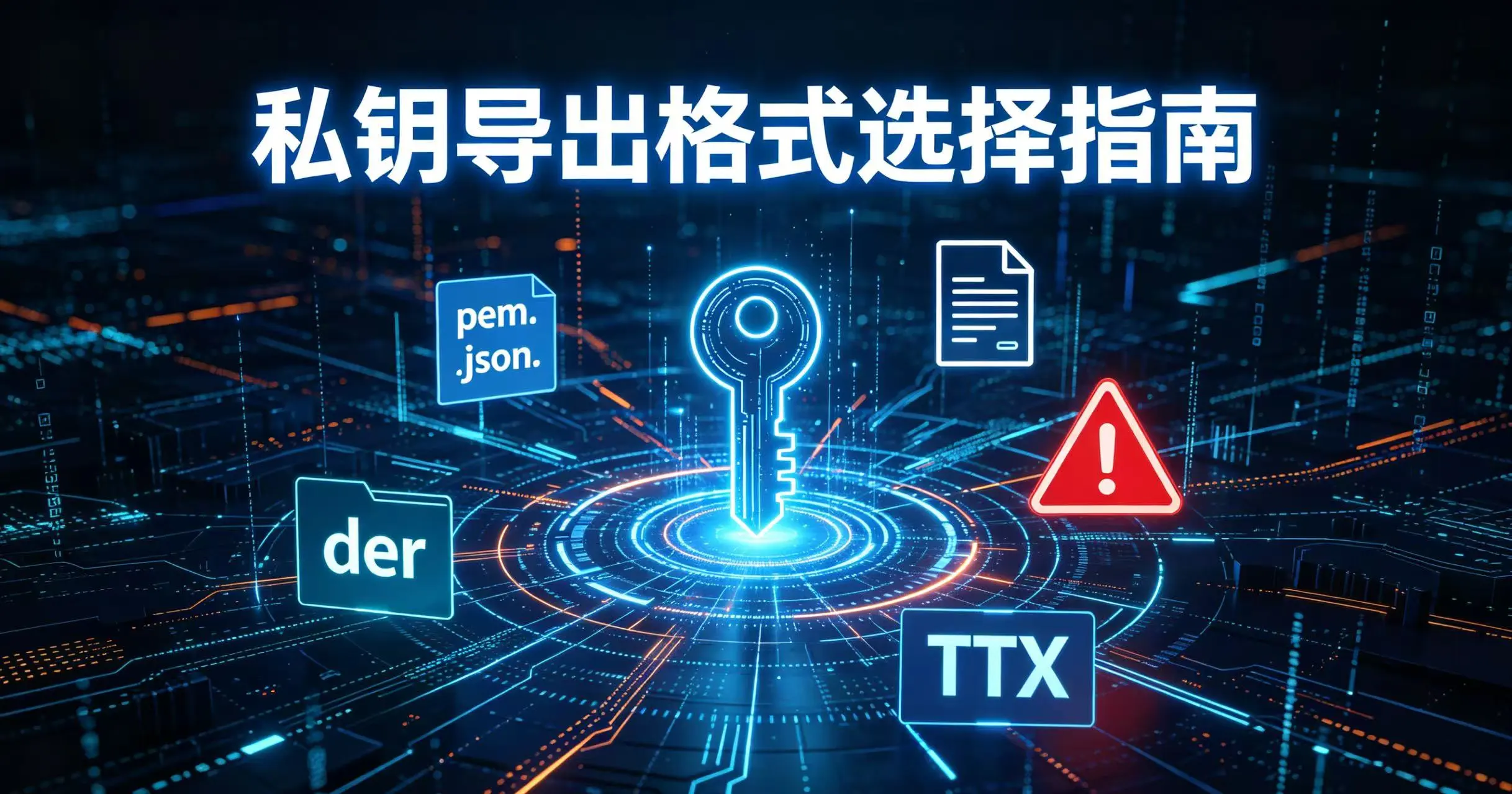 科技感神秘风格的文章封面,中央是发光的数字钥匙,周围环绕着 PEM, JSON 等文件格式图标和红色警告标志,背景为数字矩阵。
