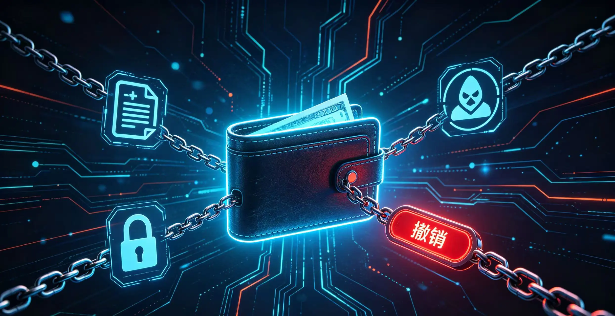 科技感神秘风格的文章封面,中央是发光的数字钱包,延伸出多条代表授权的锁链连接着可疑合约和黑客符号,一个醒目的红色 “撤销” 按钮正在发光。