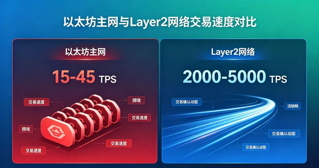 以太坊主网拥堵交易队列与 Layer2 秒级确认交易的对比画面