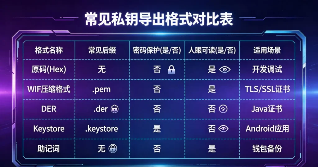 科技感神秘风格的信息图,以清晰的表格对比了原码 (Hex), WIF, PEM, DER, Keystore, 助记词六种私钥格式的后缀、密码保护、可读性和适用场景。