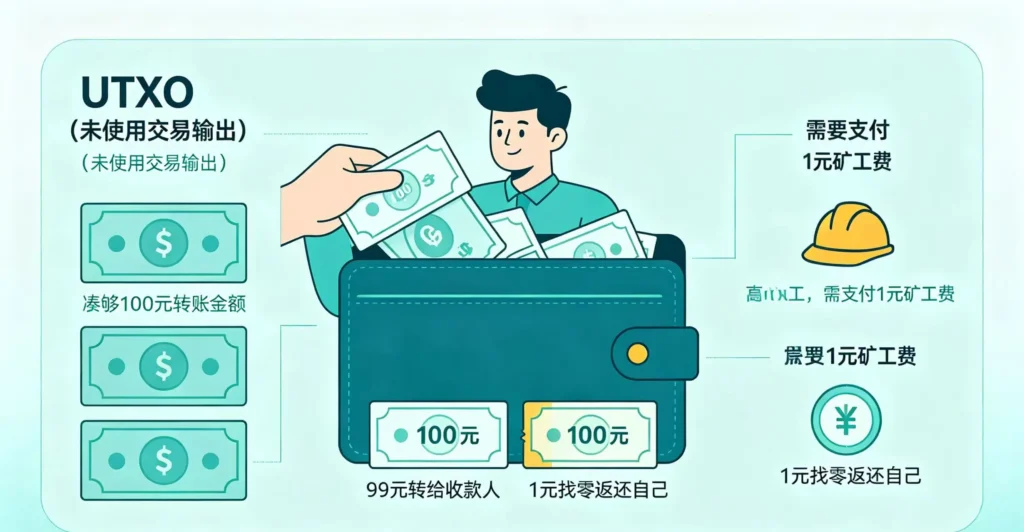 BTC 的 UTXO 找零逻辑图