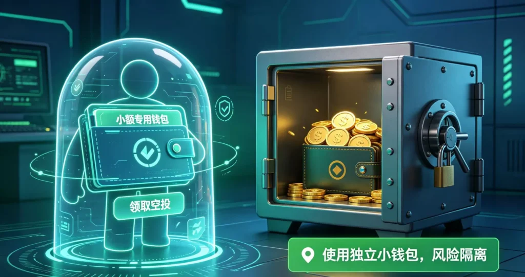 用户使用被保护罩包裹的小额专用钱包领空投,主力钱包则被安全锁在独立的保险柜里。