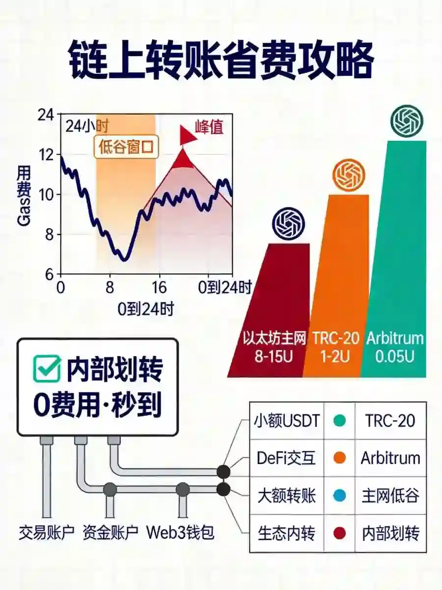 链上转账省费全攻略：Gas低谷期、网络选择与内部划转，一笔省下几十U